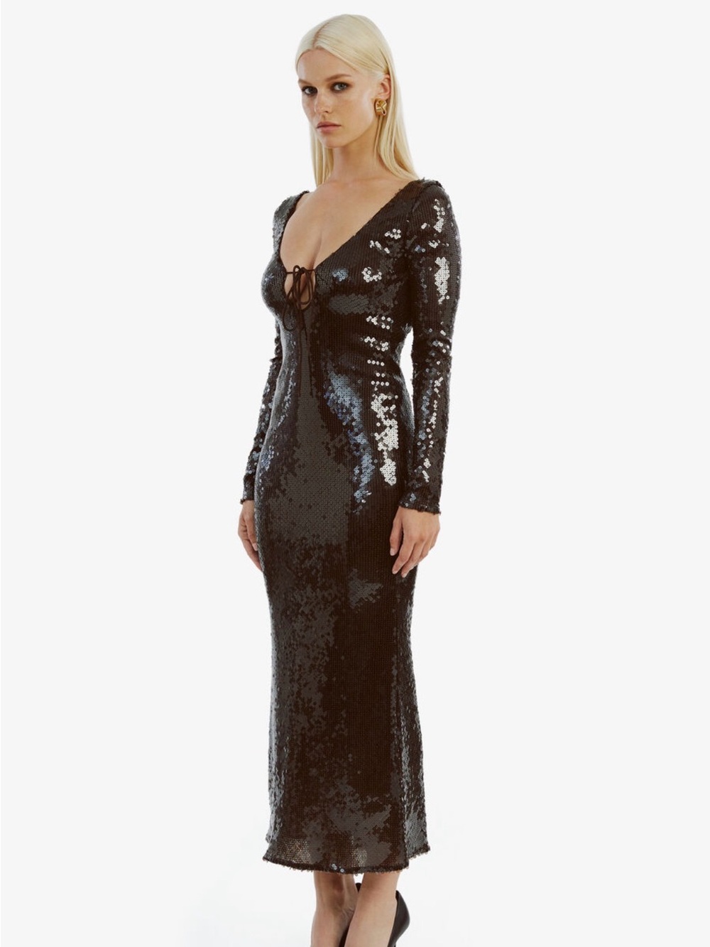 Bardot Black Sequin Long-Sleeve V-Neck Tie-Front Gown